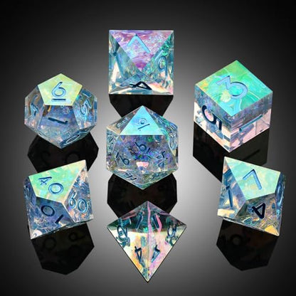 Iridescent Plating Sharp Resin Dice, DNDND 7PCS Handmade DND Sharp Edge Dice with Gorgeous Gift Case for Dungeons and Dragon Tabletop Games (Iridescent Plating Transparent) - color: Iridescent Transparent