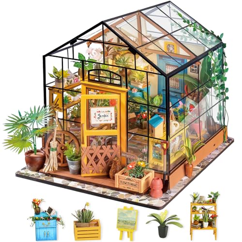 Rolife Greenhouse DIY Miniature Dollhouse Kit Creative Gift for Adults | 1:18 Scale Cathy's Flower House with LED Light, Wooden 3D Puzzle Model Kit, Diorama Craft Set for Home Decor Display