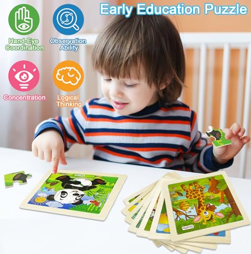Wooden Puzzles for Toddlers 3+, 9 Pieces Animal Jigsaw Puzzles for Kids Ages 3-5, Preschool Learning Activities, Learning & Educational Toys, Gifts for Boys, Girls - color: Animals1