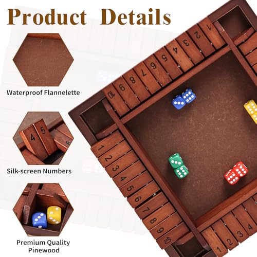 Shut The Box Game Wooden,4 Players Math Games for Kids 8-12,Dice Box Family Games for Kids and Adults,Board Tabletop Games for Kids 5-7, 12 Inch Close The Box Game for Classroom,Home or Party(4-Retro) - style: 4-player - Retro