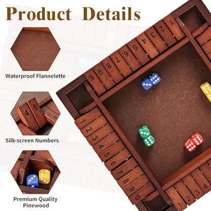 Shut The Box Game Wooden,4 Players Math Games for Kids 8-12,Dice Box Family Games for Kids and Adults,Board Tabletop Games for Kids 5-7, 12 Inch Close The Box Game for Classroom,Home or Party(4-Retro) - style: 4-player - Retro