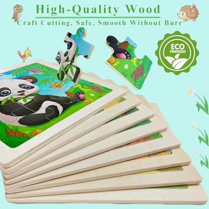 Wooden Puzzles for Toddlers Ages 2-4, 8 Pack 9 Pcs Kids Jigsaw Puzzles Set for Ages 3-5, Educational Learning Toys Gift for 3 4 5 Year Old Boys Girls, Cute Preschool Animal Patterns