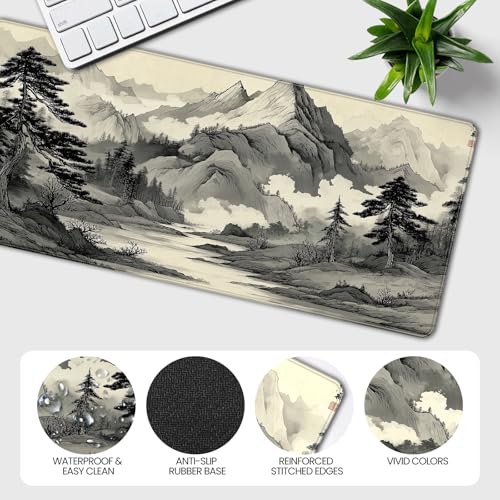 35.4 x 15.7 Inches Chinese Ink Painting Mountain Landscape Gaming Mouse Pad, XXLExtended Desk Mat with Non-Slip Rubber Base - color: With Chinese Ink Painting Mountain Landscape Design