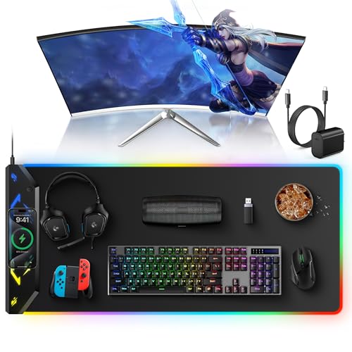 TopMade Wireless Charging Mouse Pad, RGB Gaming Mousepad, 35.4" x 15.8" Extra Large Waterproof Keyboard Desk Pad, Cool Computer Desk Mat, Black (Includes 20W PD Power Adapter & 6.56ft Woven Cable) - color: RGB Black-35.4"x15.8"-with Adapter