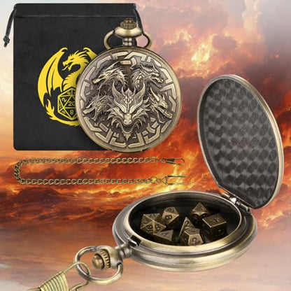 Mini DND Dice Set with Retro Five Dragon Heads Pocket Watch Shell Case, DND Starter Set, 7pcs Polyhedral Mini Metal Dice Set, D&D Gifts with Gift Box, Role Playing Board Game Accessories, Bronze - color: Bronze