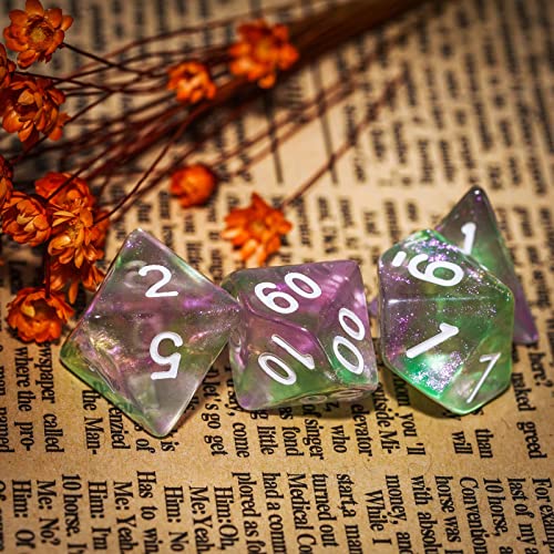 7-Die DND Dice Set Polyhedral Dice Set with a Leather Dice Bag, D&D Dice Set for RPG Table Games (Green Pink/Glitter) - color: Green Pink/Glitter