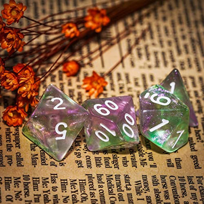 7-Die DND Dice Set Polyhedral Dice Set with a Leather Dice Bag, D&D Dice Set for RPG Table Games (Green Pink/Glitter) - color: Green Pink/Glitter
