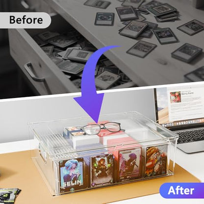 Trading Card Storage Box, Clear Large Storage Organizer Holds 3200 Cards | Pull-Out Drawer with Foam Inserts, 4-Row or 12-Grid Layout and Front Display Case for TCG, MTG and Sports Cards (1-Pack)