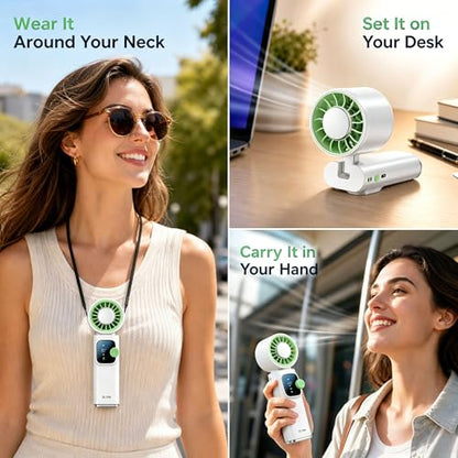 Portable Handheld Fan with Ice Cooling Personal Rechargeable Mini Neck Fan | 20000RPM,199-Speed 4000mAh Battery Powered up to 15hrs with LED Display for Travel, Camping & Outdoor, White - color: White-Green