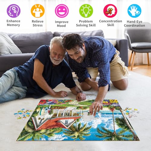 Jigsaw Puzzles for Adults 1000 Piece Puzzle for Adults 1000 Pieces Puzzle 1000 Pieces-Summer Beach Vacation -Surfing, Coconut Trees, Wooden Houses - color: Beach Surfing