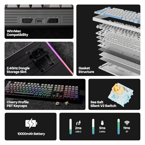 EPOMAKER TH108 Full Size Mechanical Keyboard, Wireless Gaming Keyboard with 8000mAh Battery, Creamy Gasket, 108 Keys, Hot Swap, Custom Driver, RGB Backlight (Black, Sea Salt Silent) - color: Black, size: Sea Salt Silent