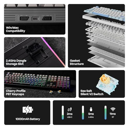 EPOMAKER TH108 Full Size Mechanical Keyboard, Wireless Gaming Keyboard with 8000mAh Battery, Creamy Gasket, 108 Keys, Hot Swap, Custom Driver, RGB Backlight (Black, Sea Salt Silent) - color: Black, size: Sea Salt Silent