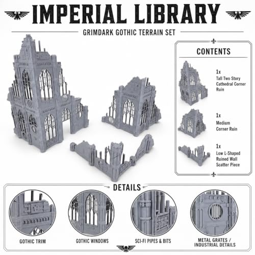 Gothic Sector Terrain Set: 28mm Scale Buildings & Scatter Terrain for 2000-Point Competitive 40k Games (Imperial Library) - style: Imperial Library