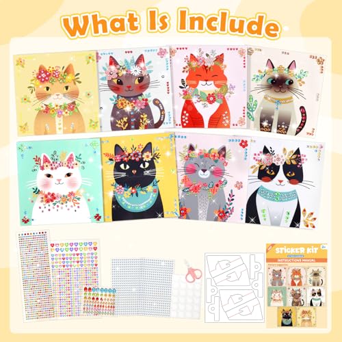Gem Art Sticker Kit,Diamond Art Sticker Crafts for Kids Ages 4-12 | 8 Cat Themes, 1000+ Gems, No glue, No mess, Gemstone Sticker Arts and Crafts for Kids, Christmas Birthday Gift for Girls - color: Yellow-Cat