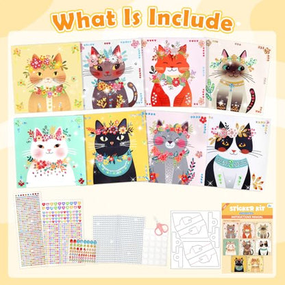 Gem Art Sticker Kit,Diamond Art Sticker Crafts for Kids Ages 4-12 | 8 Cat Themes, 1000+ Gems, No glue, No mess, Gemstone Sticker Arts and Crafts for Kids, Christmas Birthday Gift for Girls - color: Yellow-Cat