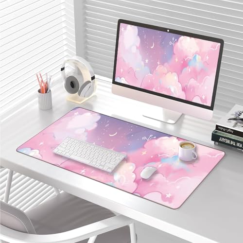 Pink Cloud Mouse Pad Extended Large Cute Desk Mat Big Desk Pad Set XXL Aesthetic Moon and Stars Gaming Mouse Pad for Keyboard Computer Laptop Home Office Accessories Girl 31.5X15.7 Inches - color: Pink Cloud