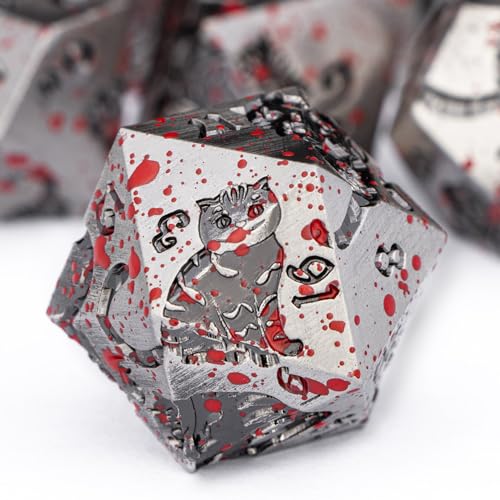 Metal DND Cat Dice Polyhedral RPG Dice Set with Gift Case for Dungeons Dragons Role Playing Game, 7PCS D and D Dice D6 D8 D10 D12 D20 D% (Blood) - color: Cat-ancient Silver+blood