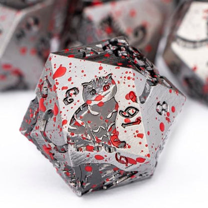 Metal DND Cat Dice Polyhedral RPG Dice Set with Gift Case for Dungeons Dragons Role Playing Game, 7PCS D and D Dice D6 D8 D10 D12 D20 D% (Blood) - color: Cat-ancient Silver+blood