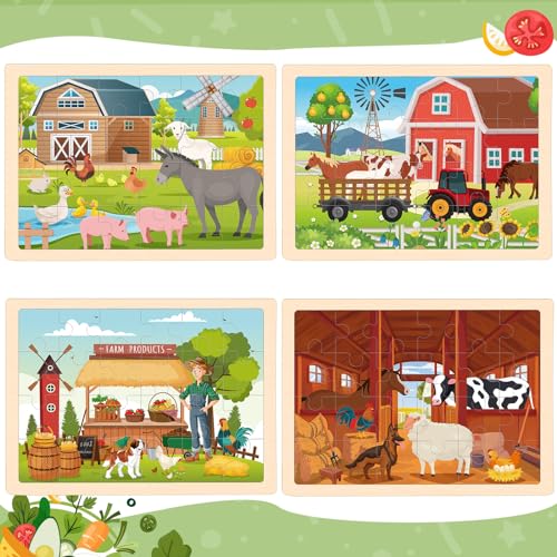 4-in-1 Farm Wooden Puzzles for Kids Ages 4-6, 24 PCS Wooden Jigsaw Puzzles for Toddlers Ages 3-5, Preschool Educational Puzzles Boards Toys Gifts for 3 4 5 6 Boys Girls - style: Farm
