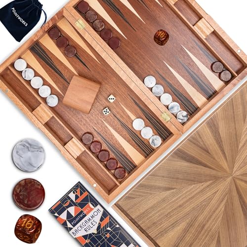 Pointworks 17 Inch Backgammon Sets for Adults. Beautiful Wood Inlaid Backgammon Board Game Set with Unique Checkers & Dice. Large Back Gammon Game Sets Travel Size for 2 Players Nardi or Tavla - style: Backgammon