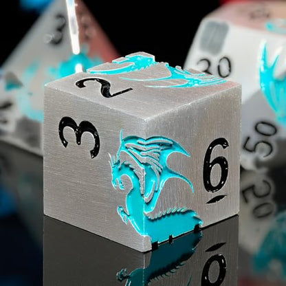 Matte Silver Blue Dragon Metal Dice Set,7 PCS Heavy Zinc Alloy DND Dice with Magnetic Gift Box for Dungeons & Dragons Tabletop Games (Matte Silver Blue Dragon) - color: Matte Silver Blue02