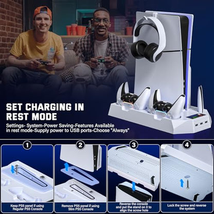 PS5 Slim Cooling Station with Controller Charging Station for PlayStation 5 Console Slim&Standard Disc/Digital, PS5 Cooling Stand Accessories with Cooler Fan/3 USB Hubs/Media&Headset Holder/Screw - color: Fit 2023 PS5 Slim+2020 PS5