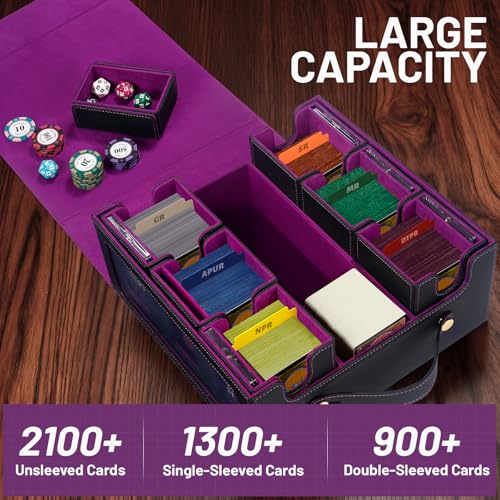 Commander Deck Box with Handle, Trading Card Storage Box for MTG&TCG.7 in 1 MTG Deck Box with 6 Toploaders, 6 Stoppers, 10 Colorful Dividers. (Black& Purple, 7 IN 1) - color: Black& Purple