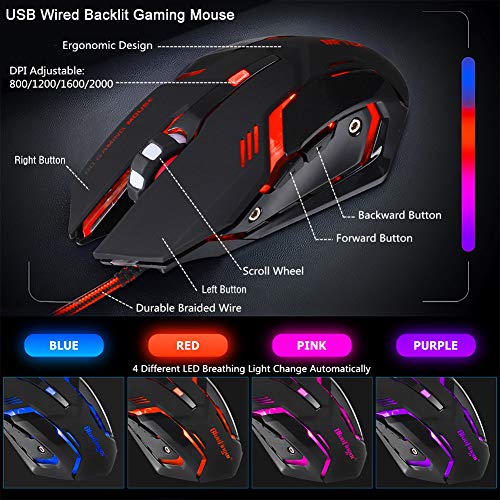 One Hand RGB Gaming Keyboard and Backlit Mouse Combo, USB Wired Rainbow Letters Glow Single Hand Mechanical Feeling With Wrist Rest Support, Gaming Set for Game