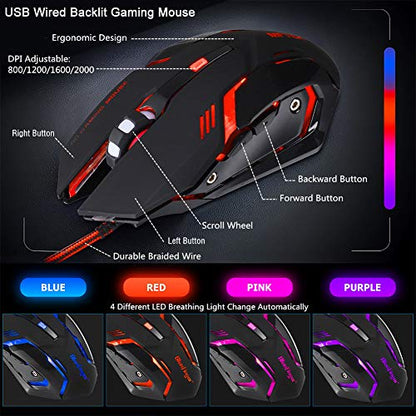 One Hand RGB Gaming Keyboard and Backlit Mouse Combo, USB Wired Rainbow Letters Glow Single Hand Mechanical Feeling With Wrist Rest Support, Gaming Set for Game
