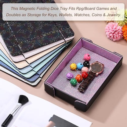 uxcell PU Leather Dice Tray, Rectangle Magnetic Folding Velvet Portable Folding Dice Rolling Tray for Table Games Keys Wallet Watch Coin, Glitter Cyan