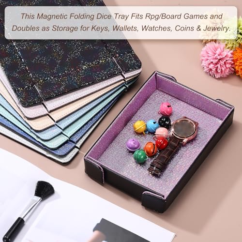 uxcell PU Leather Dice Tray, Rectangle Magnetic Folding Velvet Portable Folding Dice Rolling Tray for Table Games Keys Wallet Watch Coin, Glitter Champagne - color: Champagne