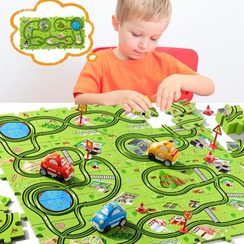 Beby Buty 64PCS Puzzle Track Car Set Toys for Kids Boys, Toddler Toys Gifts for 3 4 5 Year Old, Floor Puzzle Tracks Car for Boys Ages 3-5 4-6, for 3 4 5 6 Year Old - style: 64 PCS City Theme