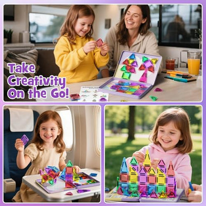 42PCS Magnetic Tiles Travel Storage Mini STEM Blocks Iron Box 3-8 | Portable Montessori educational magnetic building tiles for airplane, car rides & on-the-go creative play, durable and fun - size: 42 Pieces
