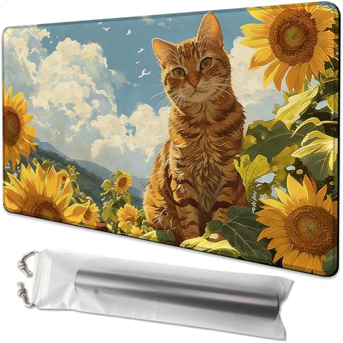 Playmat for MTG Orange Cat Sunflower Magic Play Mat 24x14 Inch Card Game Mat for Magic The Gathering TCG PTCG Playmat with Free Storage Bags Non-Slip Backing and Stitched Edge - color: Orange Cat Sunflower No With Zones