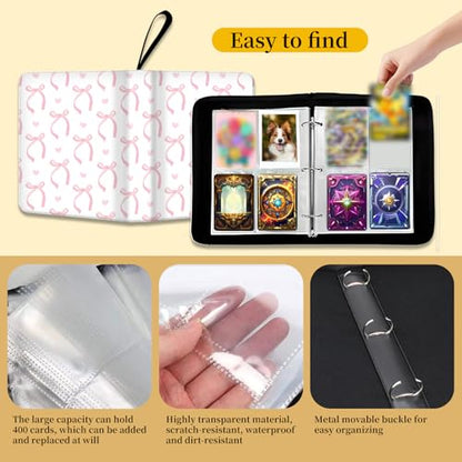 AXUASSILD 4 Pocket Card Binder, Premium Trading Card Holder Fits 400 Cards With 50 Removable Sleeves, Cute Portable Collection Card Ablum Holder Cute White Pink Bowtie - color: Cute White Pink Bowtie
