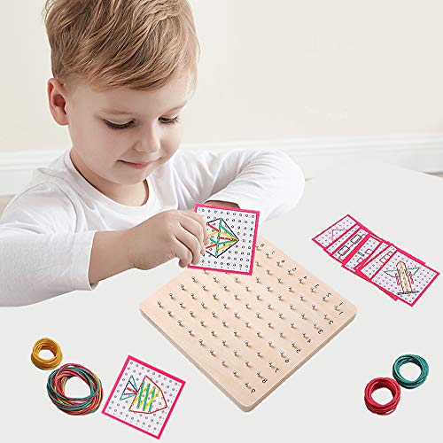 Wooden Geoboards - Montessori STEM Toy with Pattern Cards for Kids Ages 3+ | Pattern Cards & Rubber Bands, Geometric Shape Learning, Classroom STEM Tool, Brain Teaser Gift - size: 7.9*7.9 in