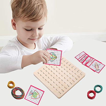 Wooden Geoboards - Montessori STEM Toy with Pattern Cards for Kids Ages 3+ | Pattern Cards & Rubber Bands, Geometric Shape Learning, Classroom STEM Tool, Brain Teaser Gift - size: 7.9*7.9 in