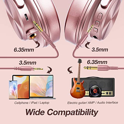 OneOdio A70 Bluetooth Over Ear Headphones, Wireless Headphones w/ 72H Playtime, Hi-Res, 3.5mm/6.35mm Wired Audio Jack for Studio Monitor & Mixing DJ Guitar AMP, Computer Laptop PC Tablet - Rose Gold - color: Rose Gold