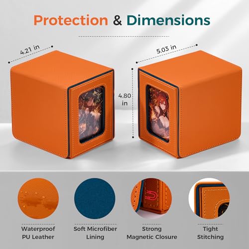MTG Commander Deck Box with Dual Display Windows and Dice Tray | Fits 100 Double-Sleeved Cards, PU Leather, 2 Magnetic Card Holders, 2 Dividers, Orange & Teal - color: 3. Orange & Teal