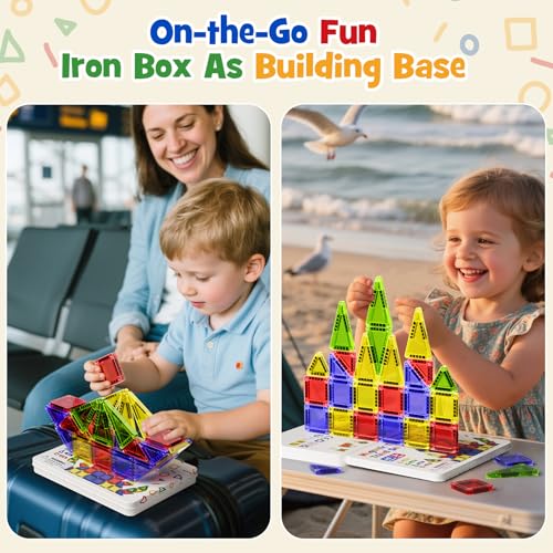 Mini Magnetic Tiles Travel Toys: Airplane Activities for Kids 3-8 | 40pcs Metal Box Play Base & Visual Storage Guide - Road Trip Essentials for Toddlers Quiet Games Portable Sets Must Haves - style: Glossy Surface Mini Magnetic Tiles - 40 PCS