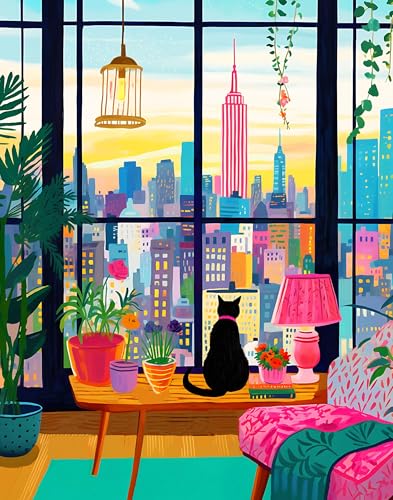 Puzzle for Adults 1000 Pieces, Cat in New York, Colorful Relaxing Jigsaw Puzzle, Mate Finish, Poster Included 1000 piece Puzzle for Adults, Stress Relief Art Puzzle. - color: Cat in Ny