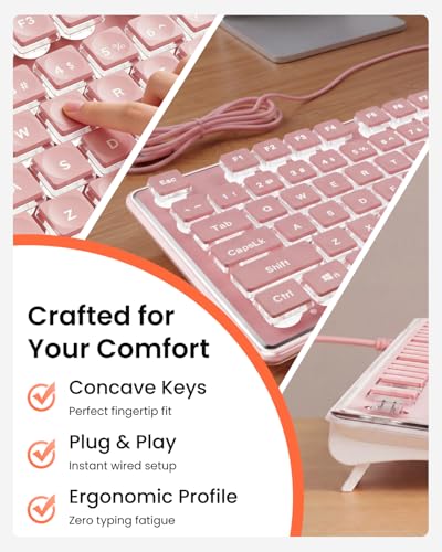 SEUNKWANG Wired Backlit Keyboard with Pudding Keycaps, Quiet Full Size Computer Keyboard White Backlight Easy-to-Read, Never Fade, Metal Panel, USB Cute Desk Setup for Windows PC Desktop, Pink - color: Pink