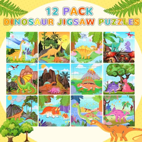 SANNIX 12 Pack Dinosaur Wooden Jigsaw Puzzles with Organize Bags, Dinosaurs | Animals Toddlers Puzzles for Kids Ages 3 4 5, Party Favors Educational Learning Travel Toys for Boys Girls - style: Dinosaurs