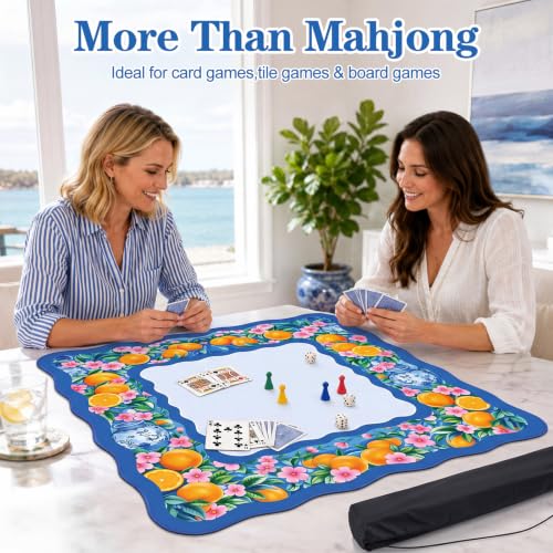 Junkin Blue Citrus Chinoiserie Mahjong Mat 32.3 x 32.3 Inch Upgraded Diatomite Mahjong Table Mat with Carry Bag Scalloped Edge Gift for Women Mom Grandma for Card Board Tile Games - style: Blue Citrus