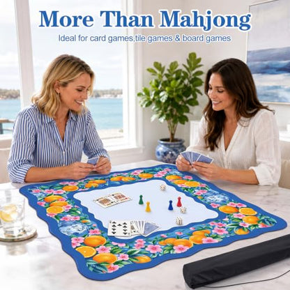 Junkin Blue Citrus Chinoiserie Mahjong Mat 32.3 x 32.3 Inch Upgraded Diatomite Mahjong Table Mat with Carry Bag Scalloped Edge Gift for Women Mom Grandma for Card Board Tile Games - style: Blue Citrus