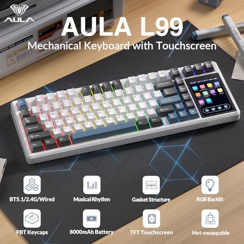 Aula L99 Wireless Mechanical Keyboard with Smart Touch Screen,Tri-Mode Hot Swappable Custom Gaming Keyboard,RGB Backlit,PBT Keycap,Gasket Mount Creamy Sounding Computer Keyboards for Office PC,84 Keys - color: White&Gray&Blue