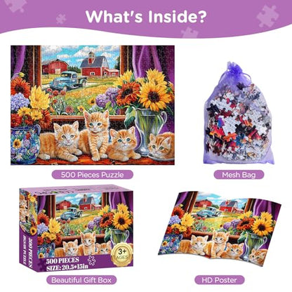 500 Pieces Jigsaw Puzzles for Adults, Cat Flower Truck Jigsaw Puzzles 500 Piece for Adults Seniors, Recycled Paper 500 Pieces Puzzle as Home Decor, Sturdy Puzzle Challenging Family Game Great Gift - style: Cat