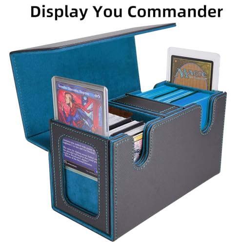 AFIING MTG Commander Card Storage Box - Fits 200 Double Sleeved Cards,3-in-1Card Deck Case,Strong Magnet Card Organizer For Magic Commander TCG CCG,4Dividers &2 Toploaders, Black/Cyan - color: Black Cyan