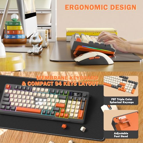 FREEWOLF T96 Smart Display Wireless Gaming Keyboard and Mouse Comb, 94Key LED Lighting Rechargeable Silent Membrane Keyboard with Knobs, 2000mAh Battery, 6-Button 4KDPI Mouse for Win/Mac(Glimmer) - color: Glimmer