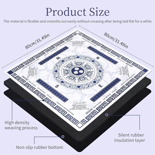 Blue Mahjong Mat for Table 31.5" x 31.5", Neoprene American Mahjong Table Mat with Rules Print, Non Slip Waterproof Mahjong Mat with Carry Bag for Mahjong, Poker & Board Games